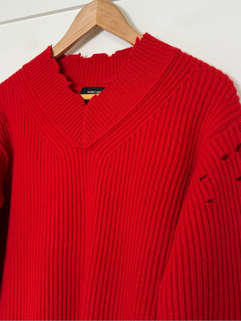 Helmut Lang Sweater Womens Sz S Red Ribbed Distressed V Neck Oversized 100% Wool